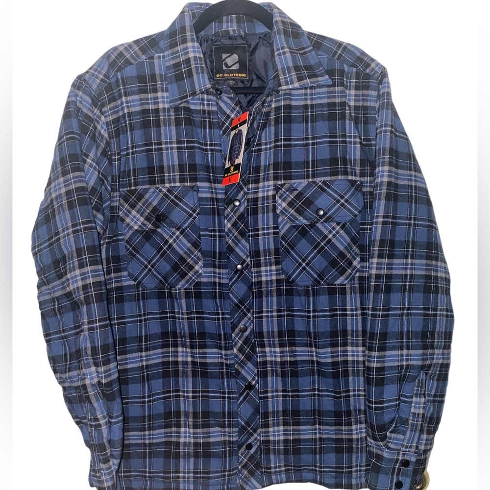 NWT BC Clothing Men’s Quilted Snap Blue Plain Flannel Shirt Jacket/Shacket~M